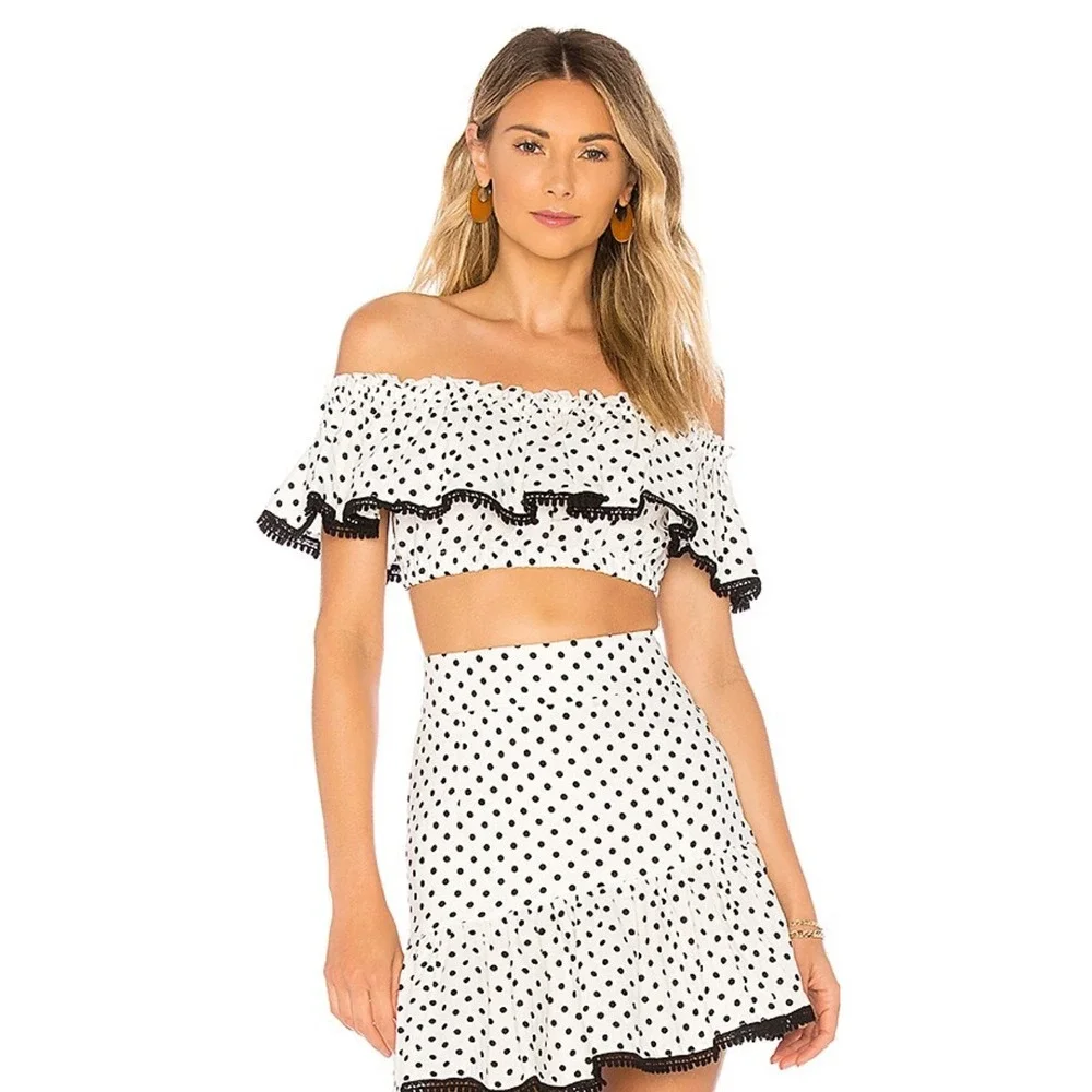 Suboo Polka Dot Crop Top Off Shoulder Ruffle Trim White Black XL - Picture 1 of 9